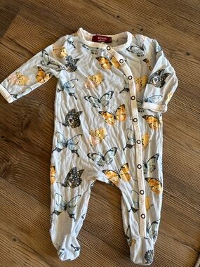 Milkbarn Butterfly Print Footed One-Piece - White, Yellow, Blue